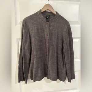Eileen Fisher Textured Linen Blend Shirt Mandarin Collar Brown Size L